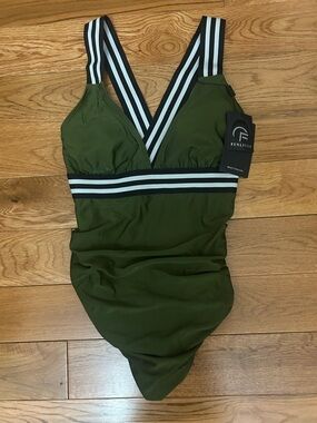 Olive Green Striped V-Neck One-Piece Swimsuit